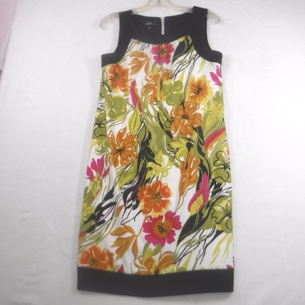 Alyx Floral Sleeveless Sheath Dress Black‎ Contrast Trim Size 10 Orange Green